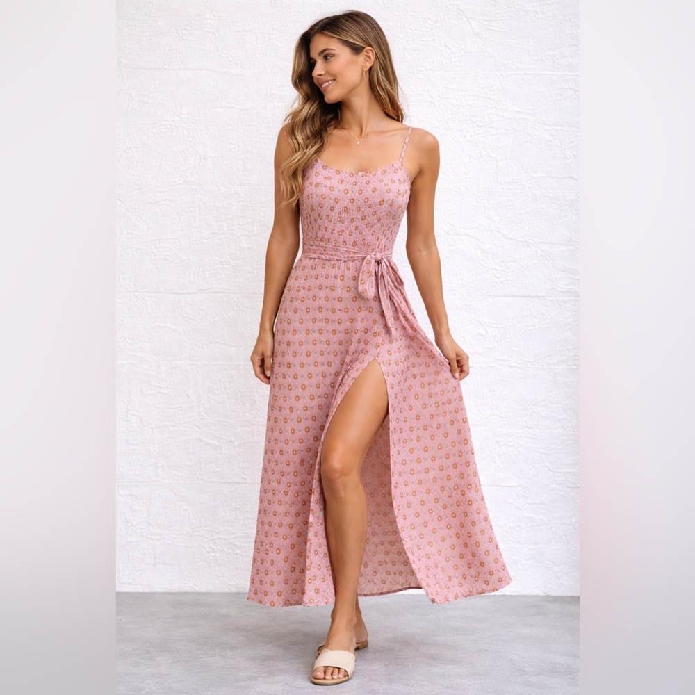 Olivaceous Spaghetti Strap Dress Side Slit Medium Pink Tie-Back